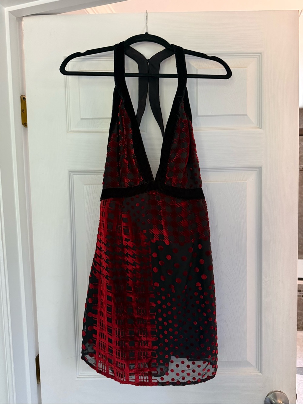 Guess by Marciano Red and Black Mixed-Pattern Halter Mini Dress